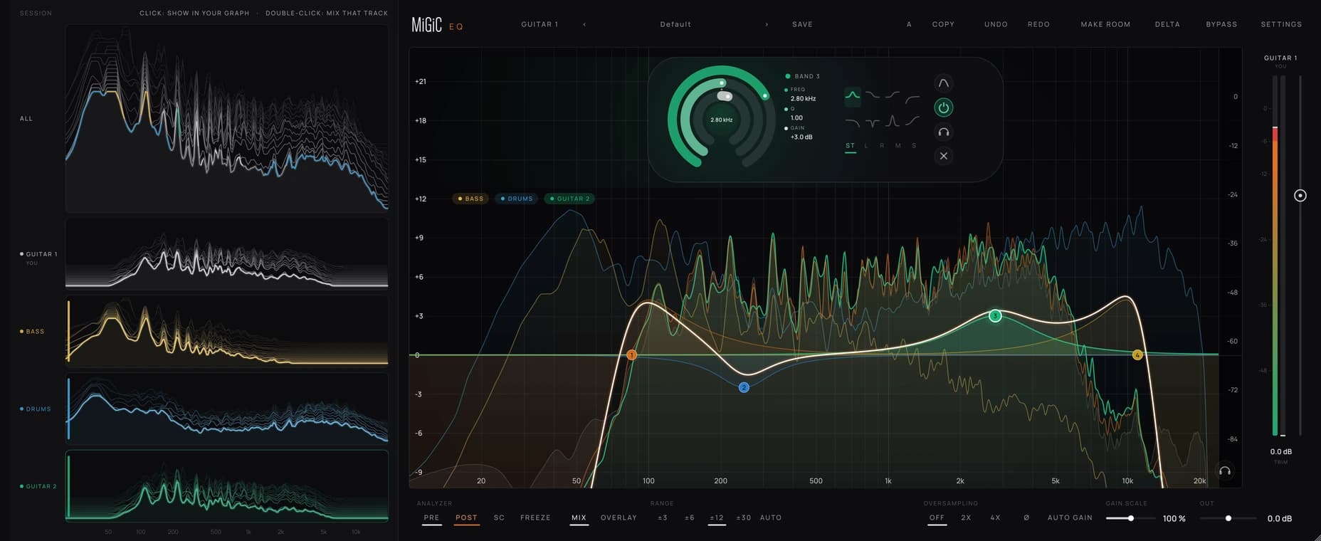 MiGiC EQ with three other tracks of the session drawn in the graph
