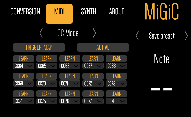 MiGiC NX — CC Mode with fifteen mappable MIDI CC slots