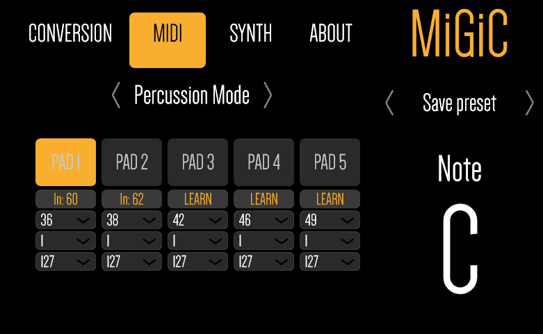 MiGiC NX — Percussion Mode with five mappable pads