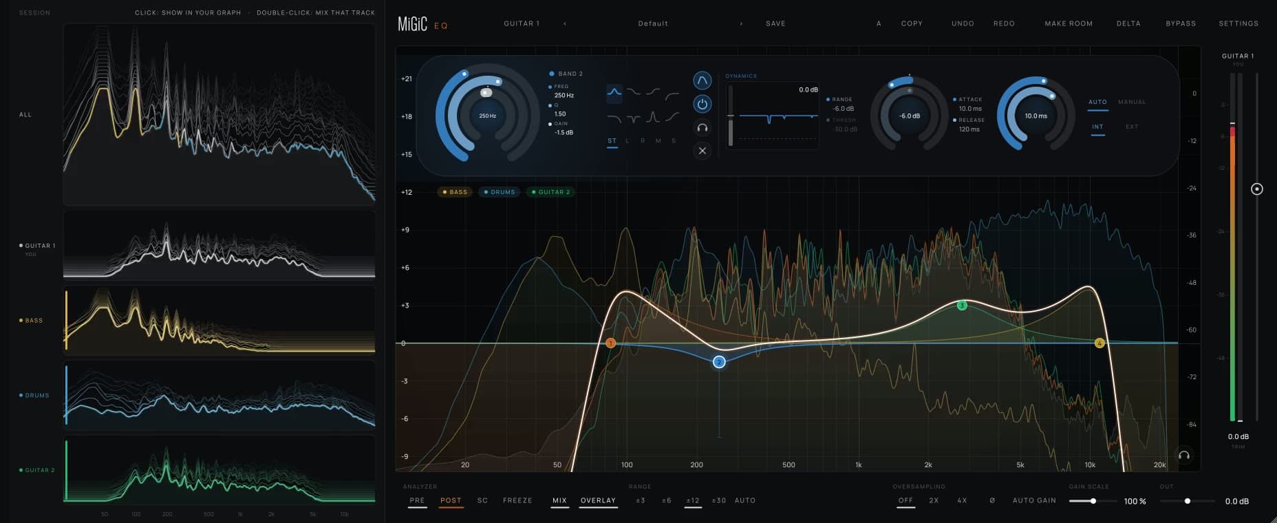 MiGiC EQ in MIX mode, four tracks of a session as lanes beside the graph