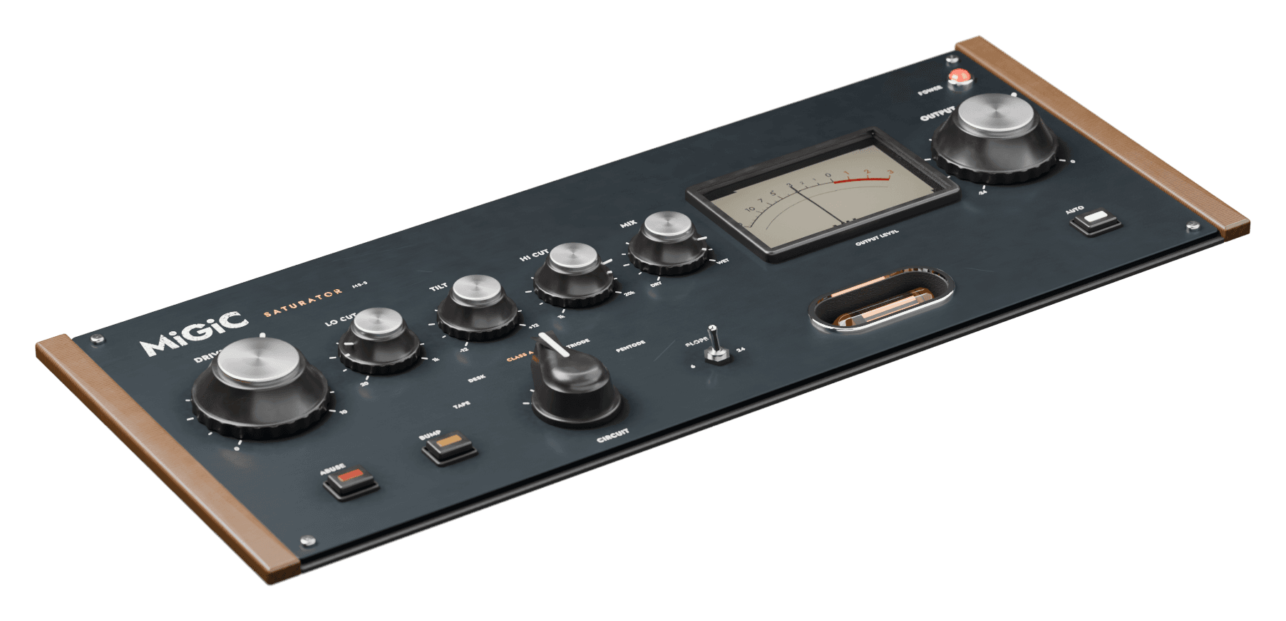 MiGiC Saturator: a rendered hardware unit with five circuits, a VU meter and a valve window
