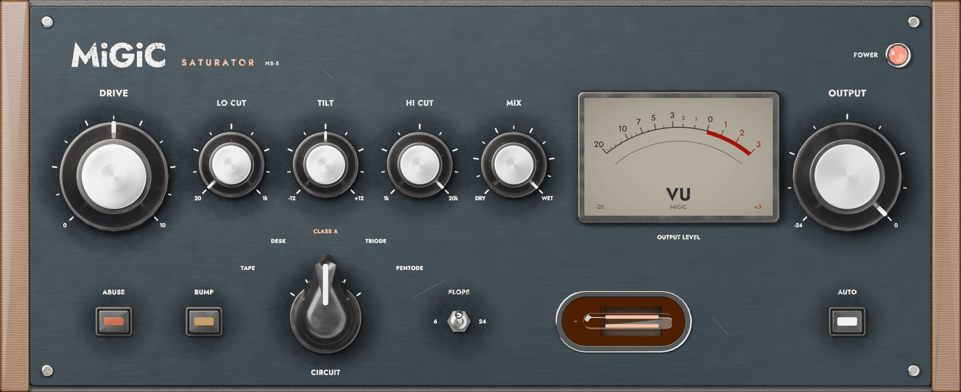 The MiGiC Saturator front panel, road-worn finish, CLASS A circuit
